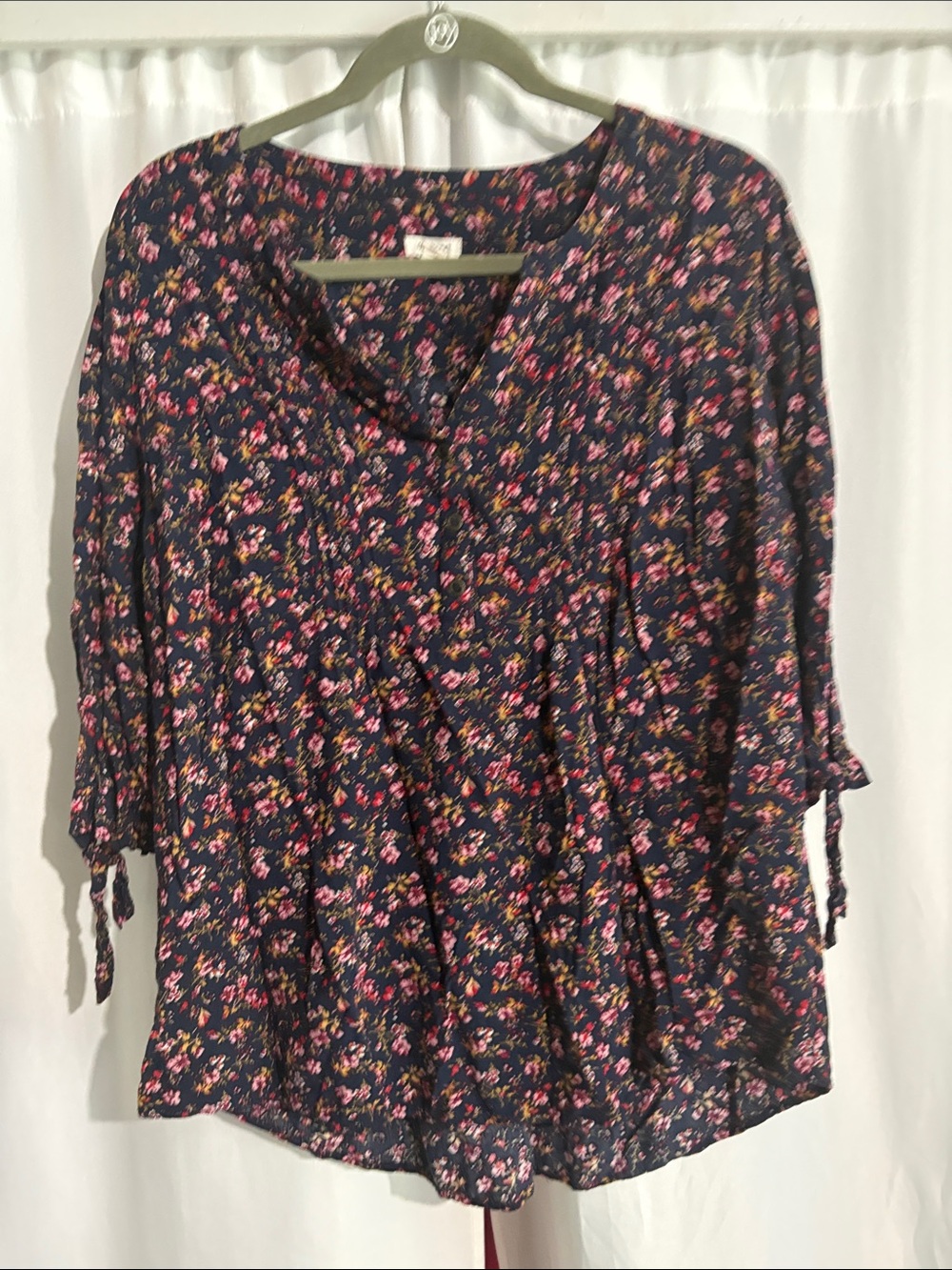 Westport Navy Floral Split-Neck Blouse with Pink Accents